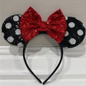 Minnie Ears with Polka Dot Sequin Headband with Red Bow